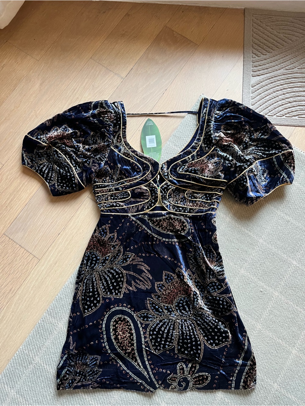 Farm Rio blue floral glam scarf velvet mini dress - Picture 3 of 5